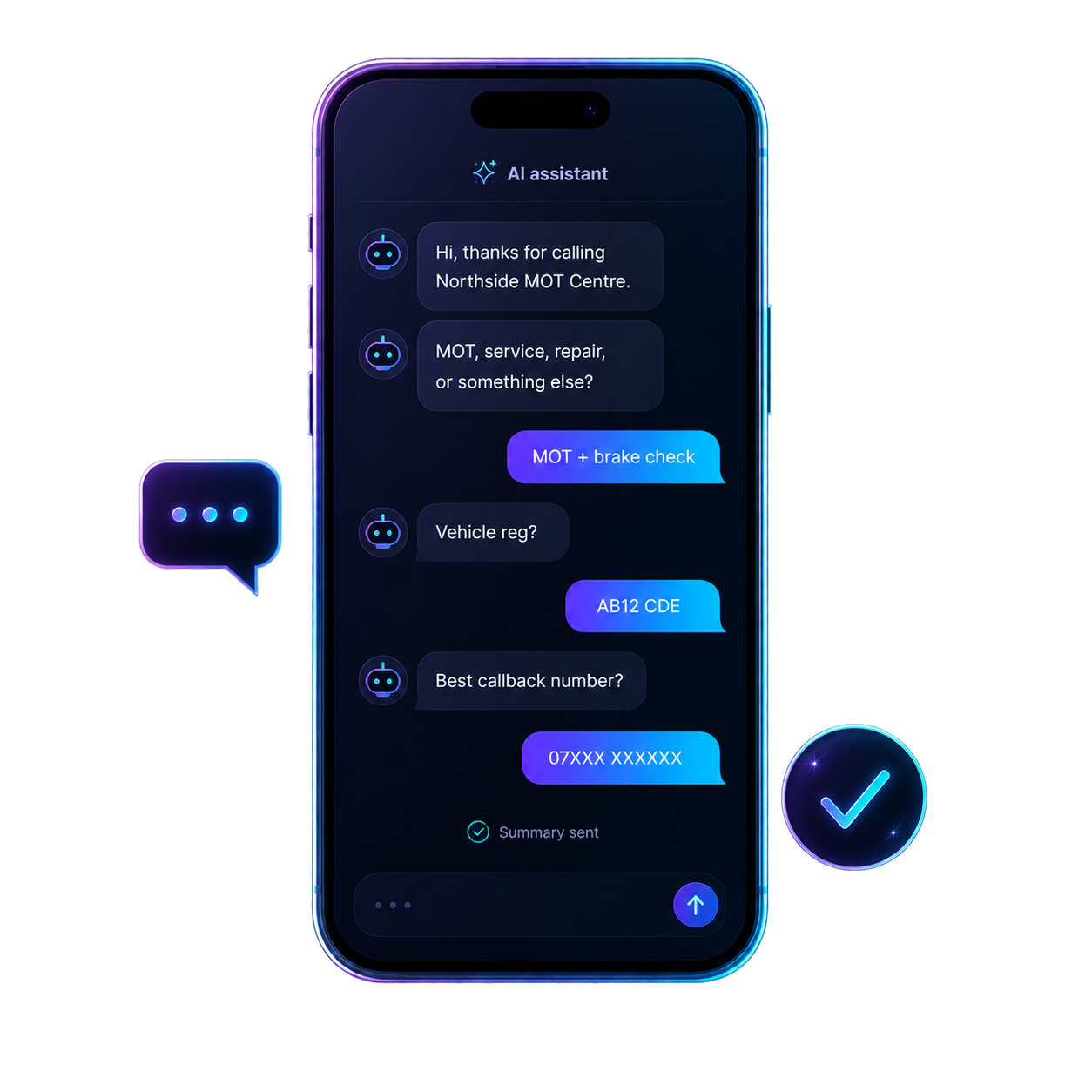 AI assistant phone conversation showing a captured garage enquiry