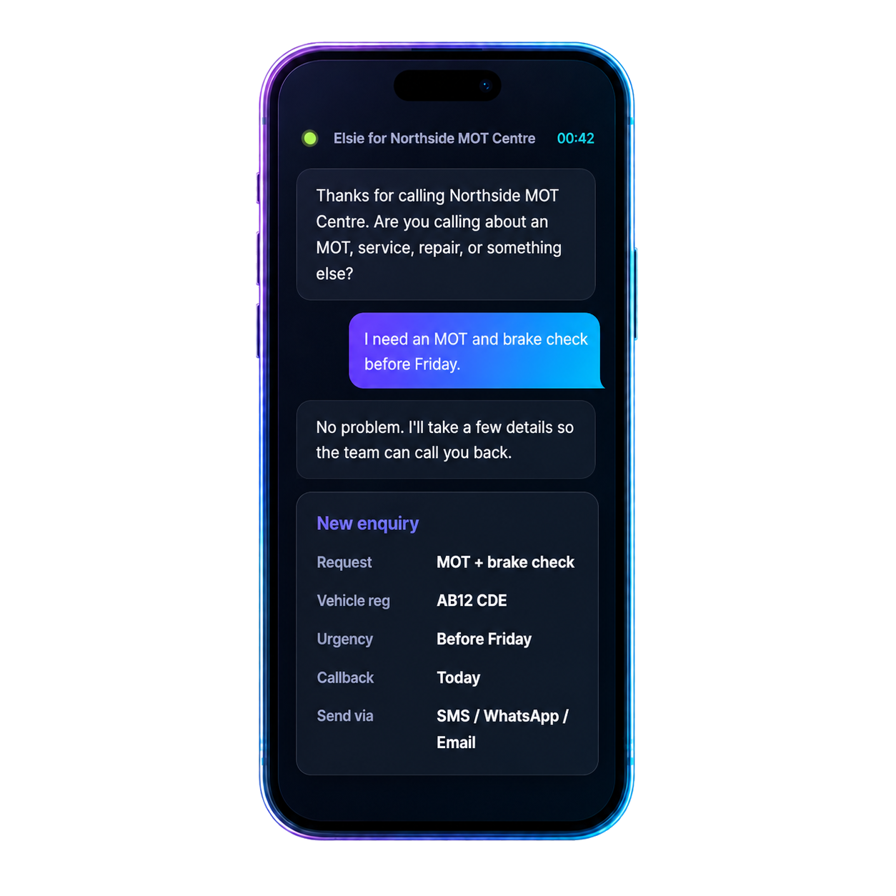 Phone mockup showing Elsie capturing a garage call and creating a new enquiry summary